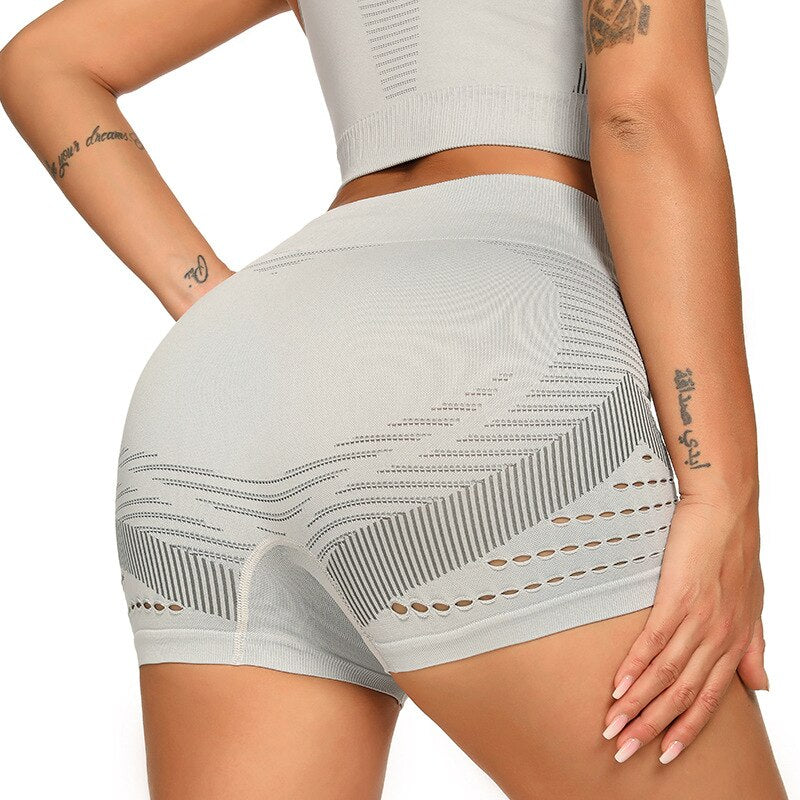 Seamless Hollow Out Fitness Yoga Shorts High Elastics Workout Sports Push Up Gym Running Short Pants For Women Female Clothing